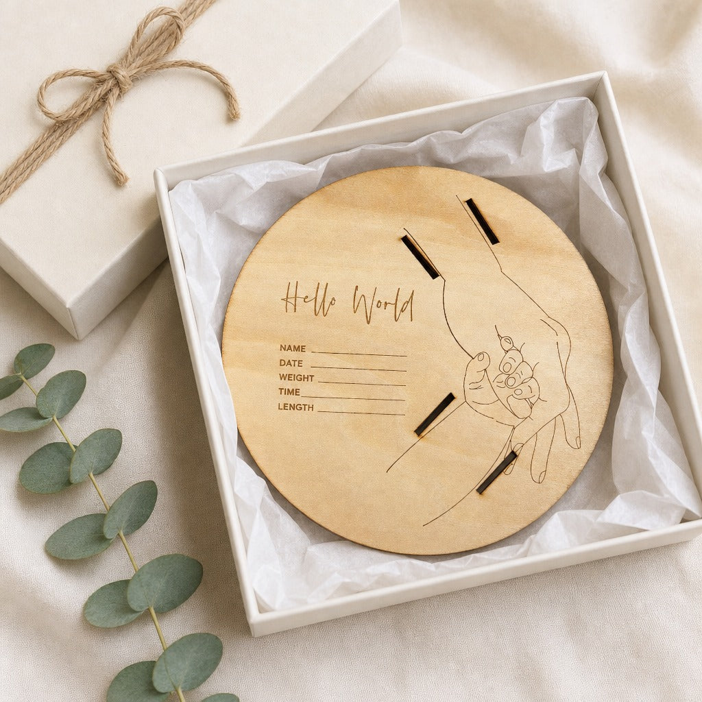 Kiddospot wooden Hello World baby announcement sign in gift box