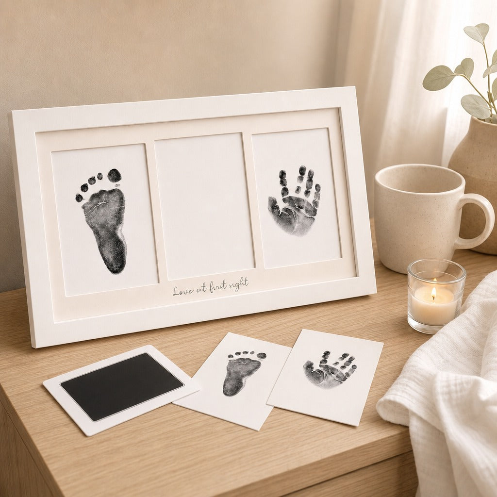 Inkless baby print frame displayed on a bedside table as a newborn keepsake
