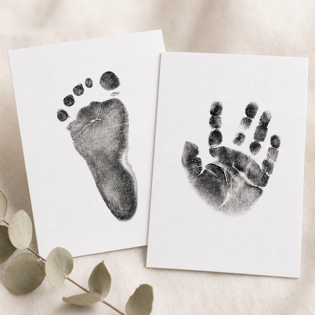 Close-up of inkless baby handprint and footprint impression cards