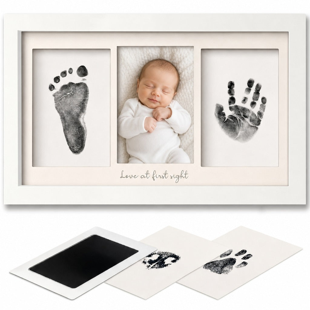 Newborn inkless footprint kit with frame and impression cards for hospital bag or home