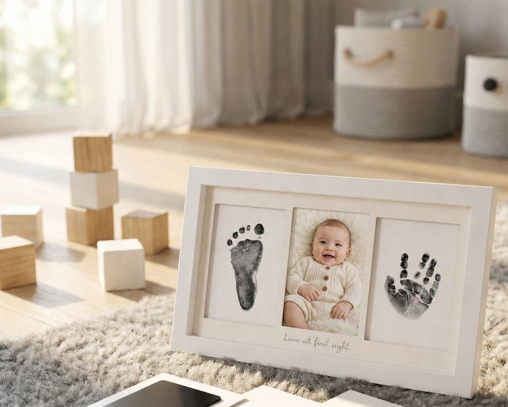 Framed baby handprint and footprint keepsake displayed in a soft nursery setting