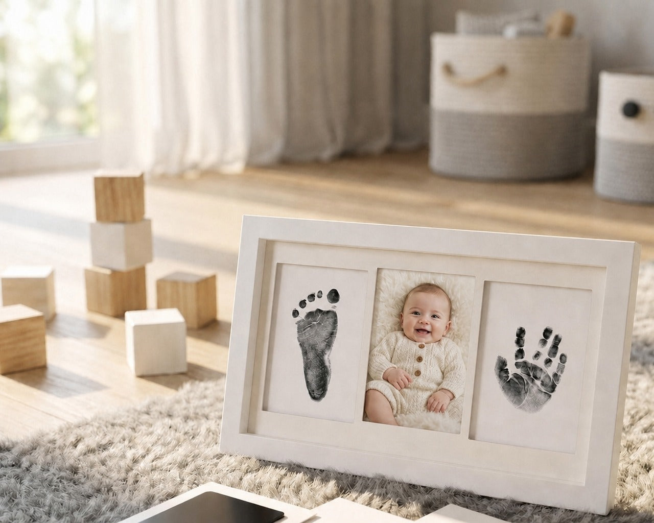 Kiddospot inkless newborn handprint and footprint kit with display frame in nursery