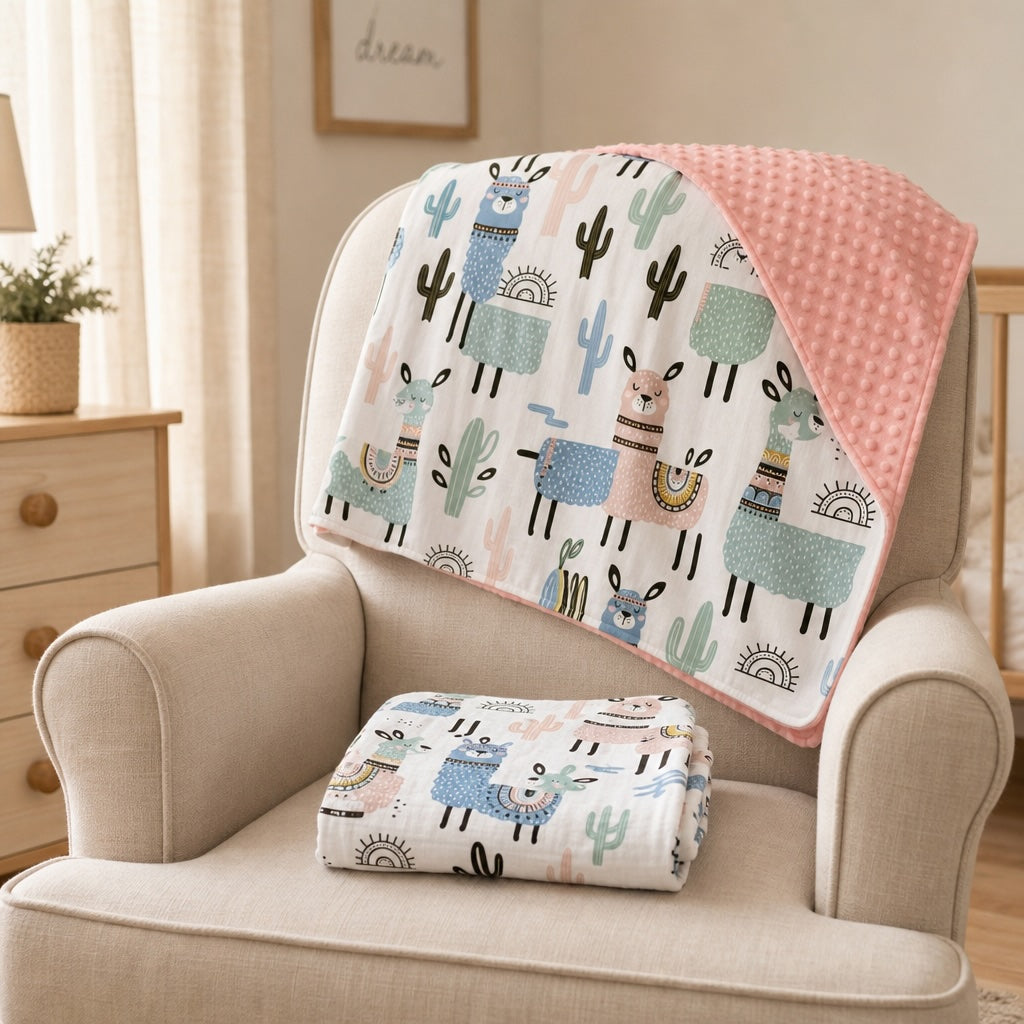 Llama Minky Baby Blanket & Muslin Swaddle Set