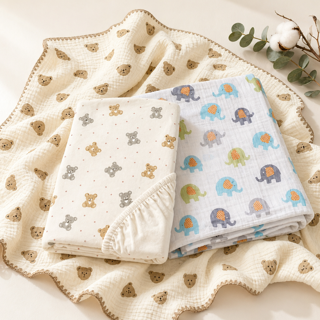 GOTS organic nursery starter bundle flat lay with blanket swaddle and cot sheet