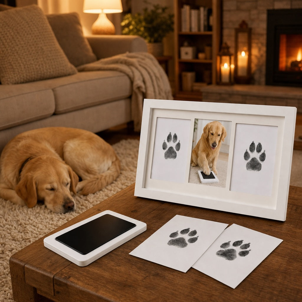 Inkless pet paw print kit styled near a calm sleeping dog