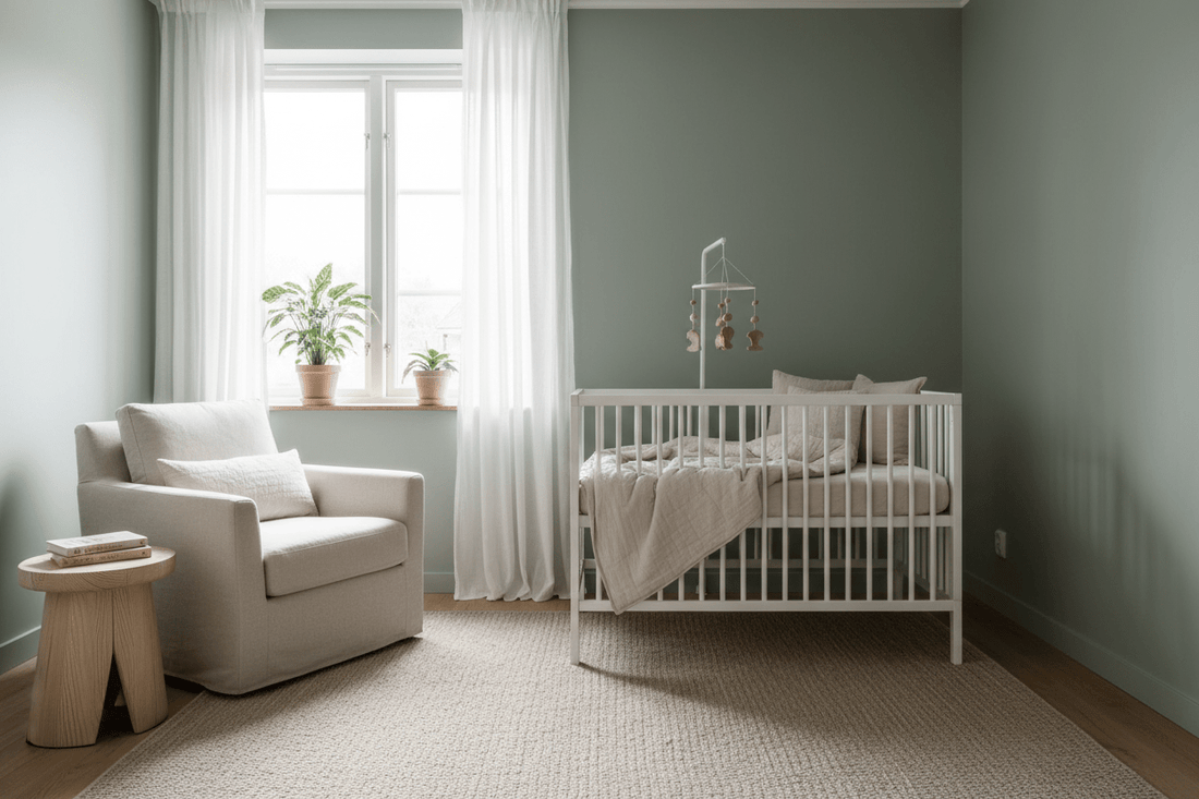Minimalist nursery with sage green and oatmeal color palette, clean white crib with organic bedding