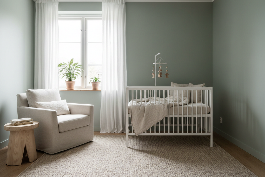 Minimalist nursery with sage green and oatmeal color palette, clean white crib with organic bedding