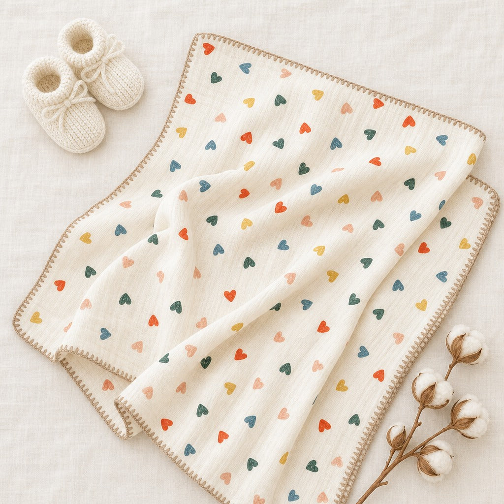 Soft GOTS organic cotton heart baby blanket styled for sensitive newborn skin