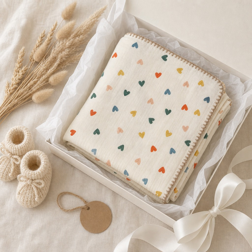GOTS organic baby blanket heart design in gift box for baby shower