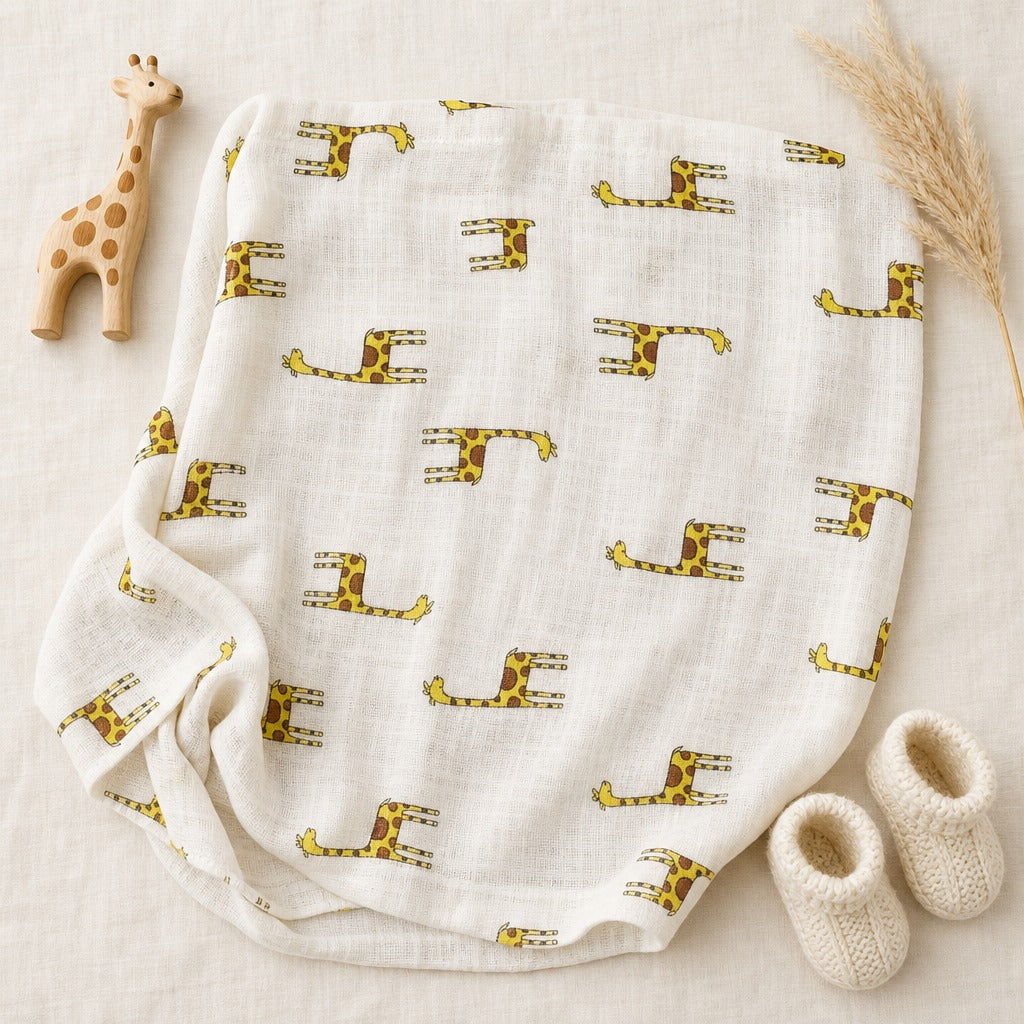 GOTS organic muslin swaddle giraffe print flat lay on linen