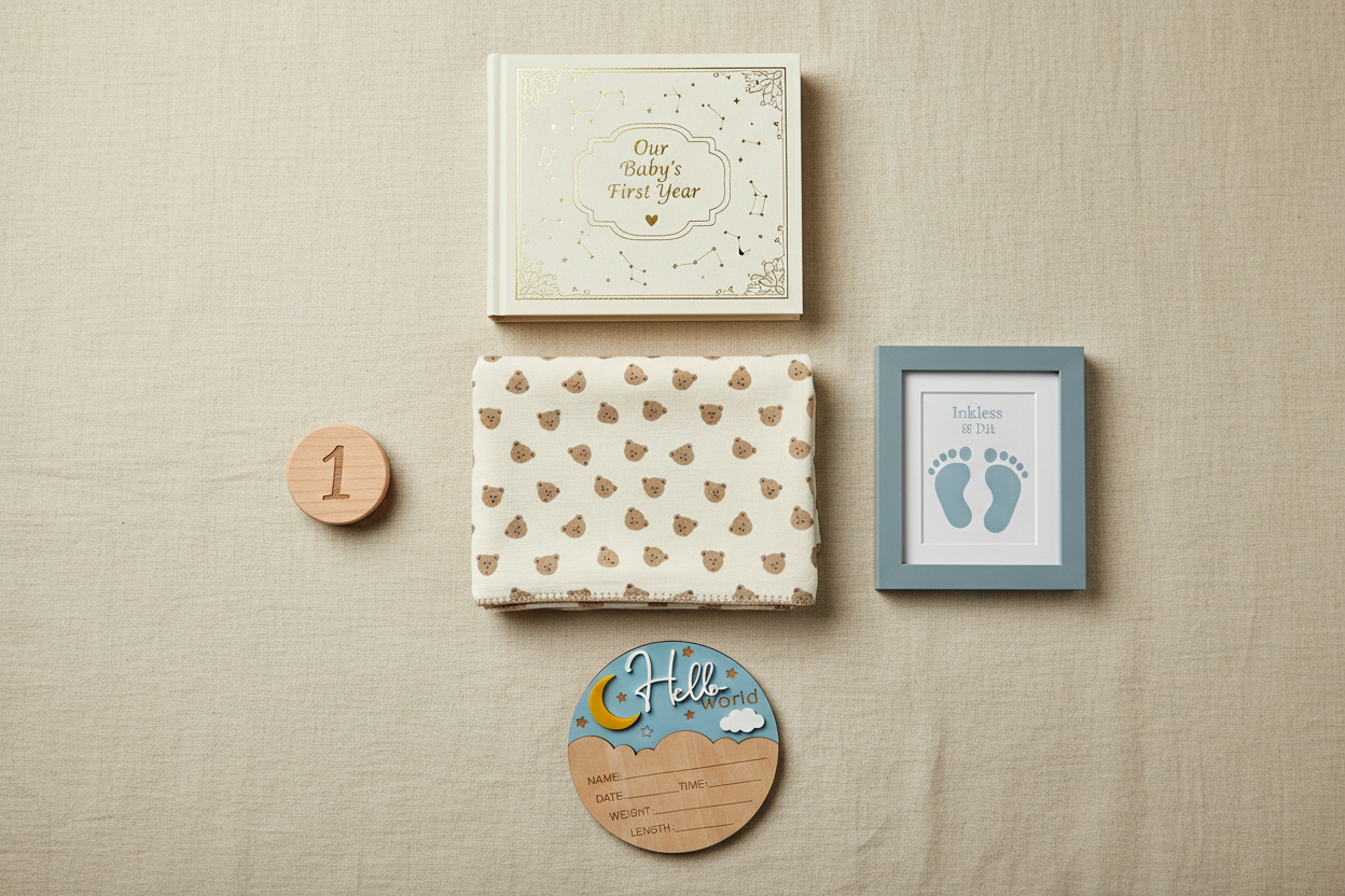 Kiddospot baby gift bundles — curated milestone props, keepsakes and organic nursery sets