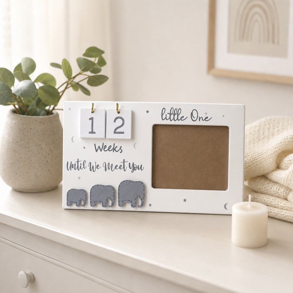 Kiddospot wooden baby reveal calendar displayed on a nursery dresser with eucalyptus plant and muslin wrap