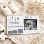 Kiddospot pregnancy countdown frame flat lay with baby booties and dried flowers