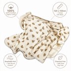 Baby blanket with bear pattern on a white background, featuring GOTS certification and size information.