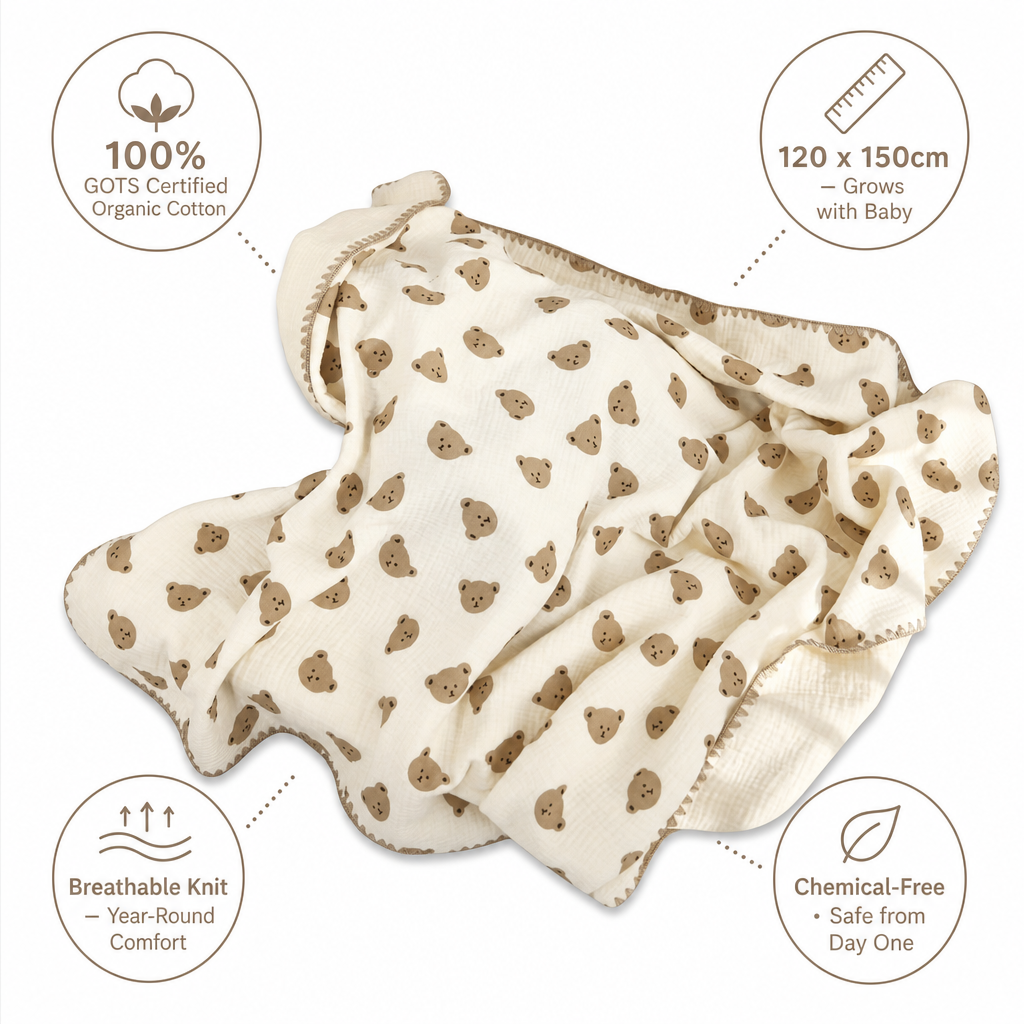 Baby blanket with bear pattern on a white background, featuring GOTS certification and size information.