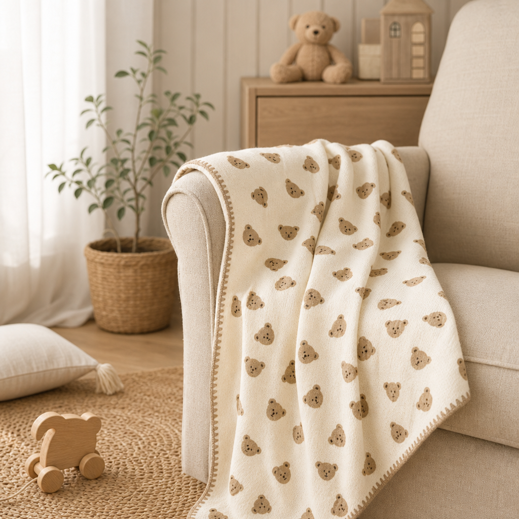 Beige sofa with a teddy bear patterned blanket, wooden toys, and a plant in a cozy living room.