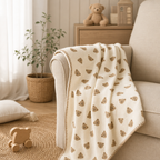 Beige sofa with a teddy bear patterned blanket, wooden toys, and a plant in a cozy living room.