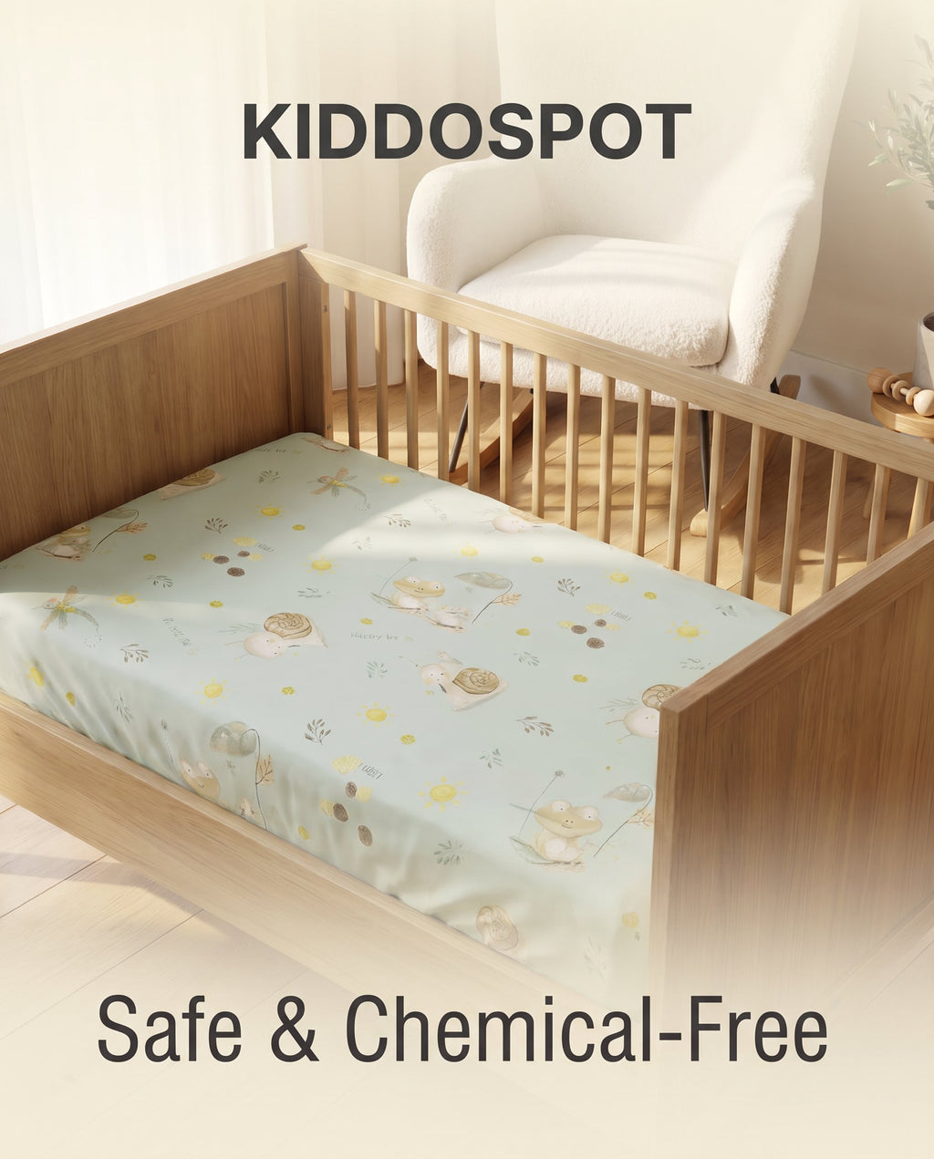 Kiddospot's organic cotton frog & snail fitted cot sheet on a cot in nursery setting. 