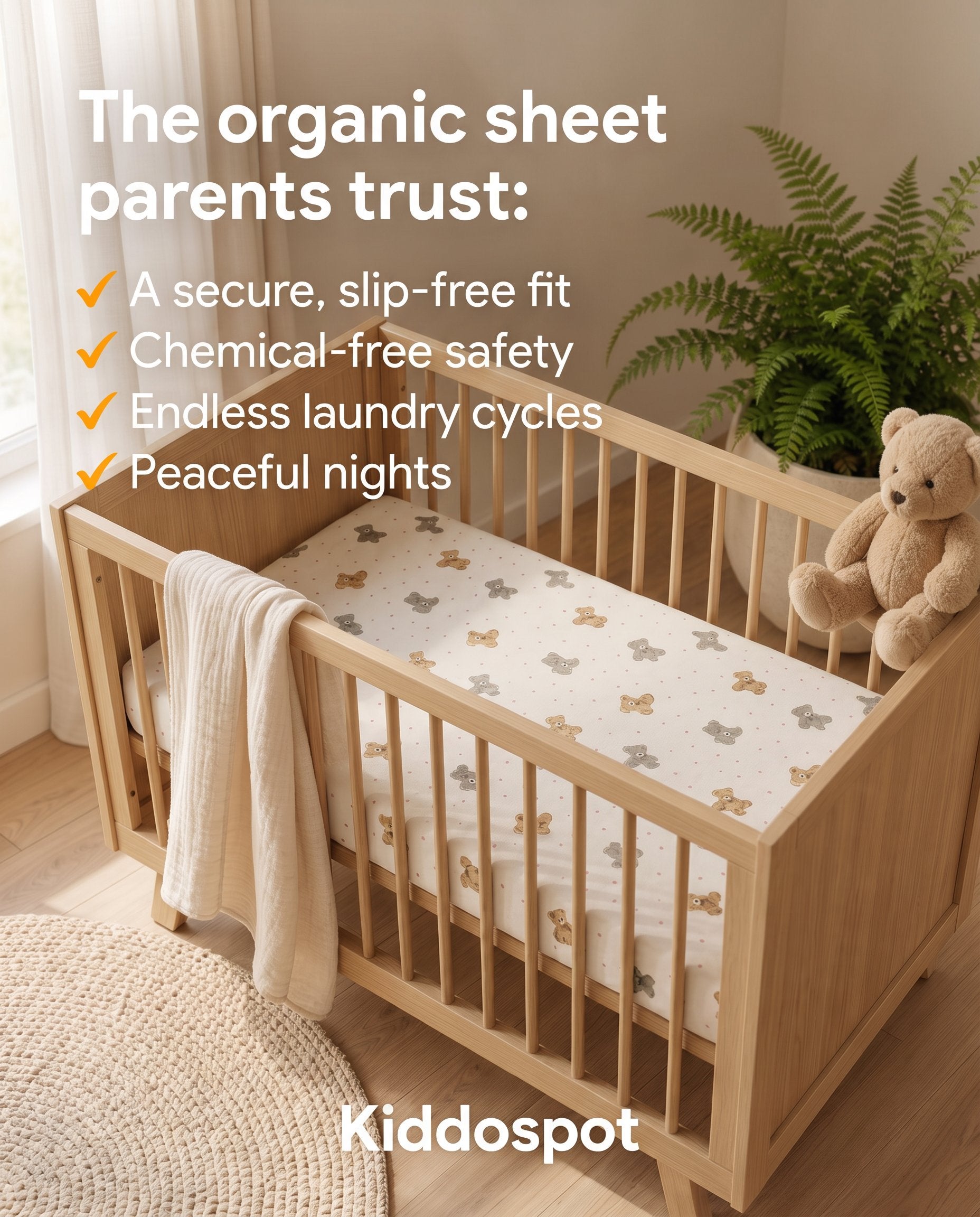 Kiddospot's organic cotton fitted sheet on a crib with a toy and swaddle hanging on sides.
