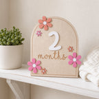 Kiddospot wooden arch-shaped baby milestone plaque with a white '2' and the words 'months' in script, decorated with pink and peach flowers, displayed on a white shelf next to a small potted succulent.