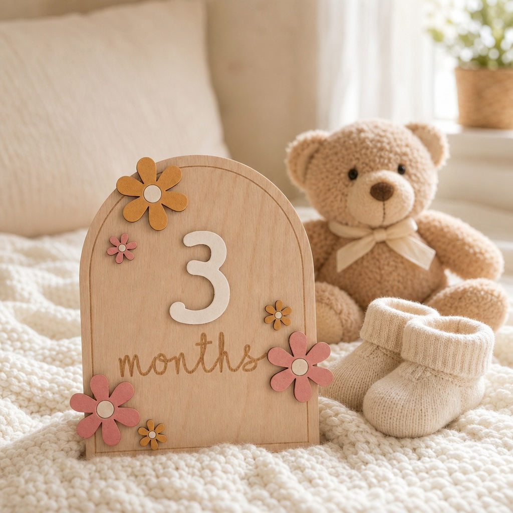 Kiddospot wooden 3-month baby milestone plaque styled with paper flowers and the word 'months' on a cream knit blanket, next to a plush teddy bear and cream knit booties.
