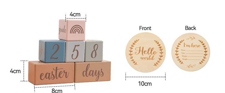 Wooden blocks with text and measurements on a white background