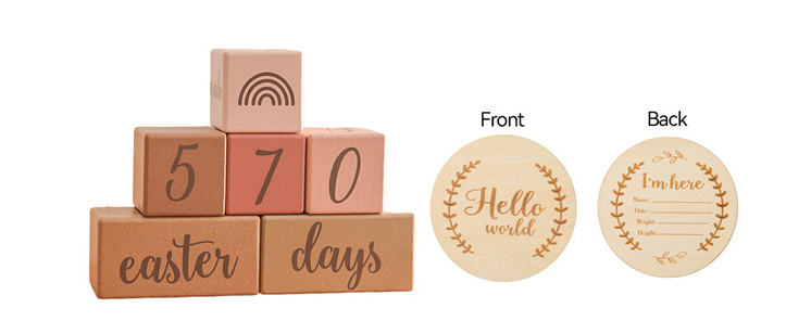 Wooden blocks with engraved text and two round wooden cards labeled 'Front' and 'Back'.