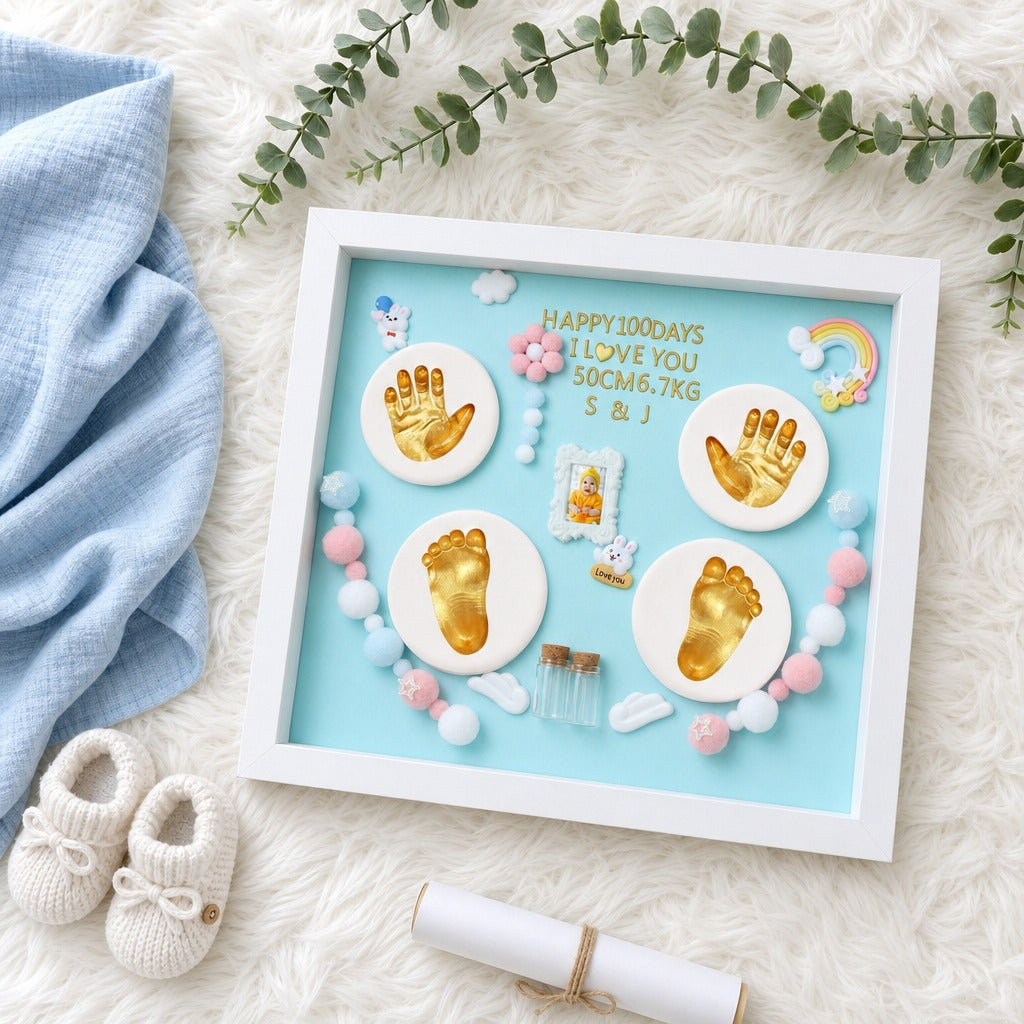 Kiddospot blue baby hand and footprint frame hero — complete inkless keepsake kit