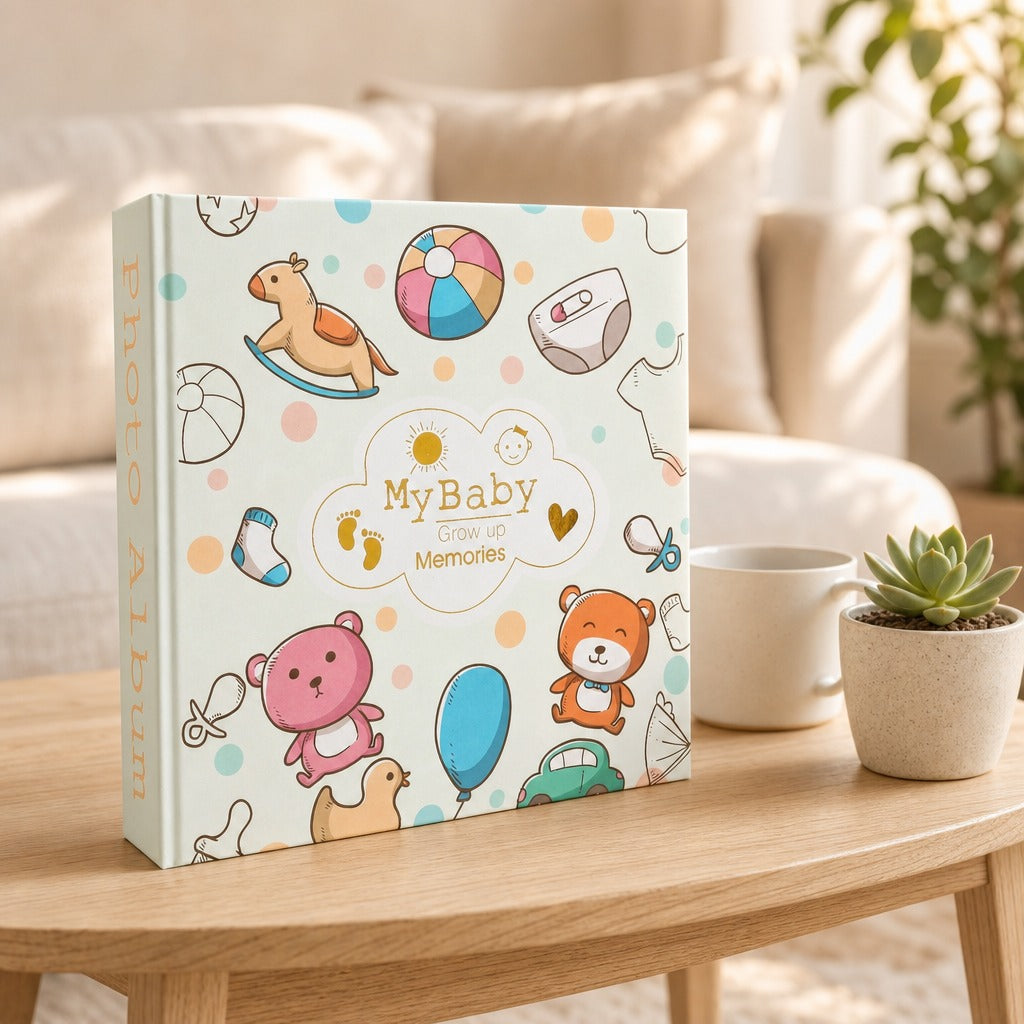 Kiddospot baby photo album standing on a light wood table in a cozy living room setting. The album cover is white with pastel illustrations of baby toys, animals, and care icons, with the title 'MyBaby Grow Up Memories' on the front and 'Photo Album' printed on the spine.