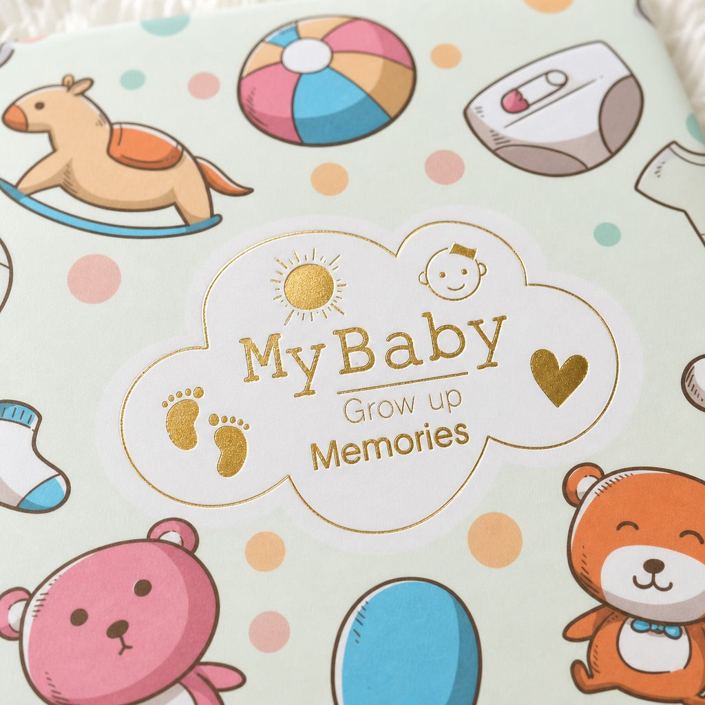 A close-up of Kiddospot baby keepsake album cover featuring the title 'My Baby Grow up Memories' in gold foil lettering inside a white cloud outline. The background is a pale mint green decorated with cute cartoon illustrations of toys, including a rocking horse, beach ball, diaper, sock, teddy bear, and balloons.