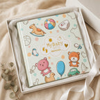 Kiddospot baby keepsake photo album with a pastel multicolor cartoon design, presented inside a white gift box with tissue paper and ribbon on a beige fabric background.