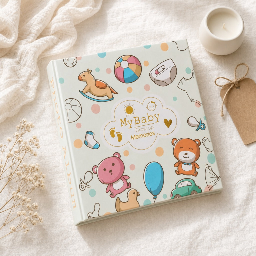 Kiddospot baby keepsake photo album titled 'MyBaby keeps an Memories' styled on a white fabric surface with a white candle, a kraft paper tag, and dried flowers.