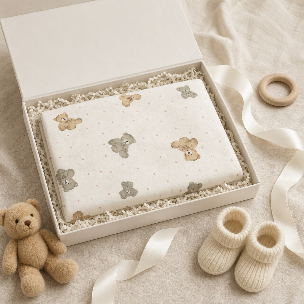 A baby gift set in an open white box, featuring Kiddospot's white fitted sheet with a pattern of teddy bears in beige and gray, styled with a plush teddy bear, cream knit booties, a wooden ring, and white ribbons on a beige fabric background.