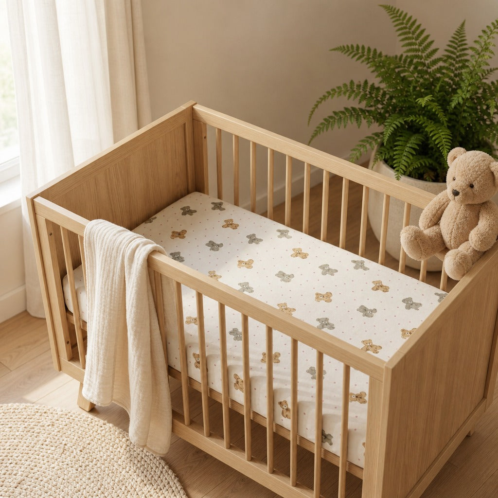 A light natural wood baby crib with vertical slats, styled in a bright nursery with a cream fitted sheet featuring a small bear pattern, a cream muslin throw blanket, and a plush teddy bear resting on the side.