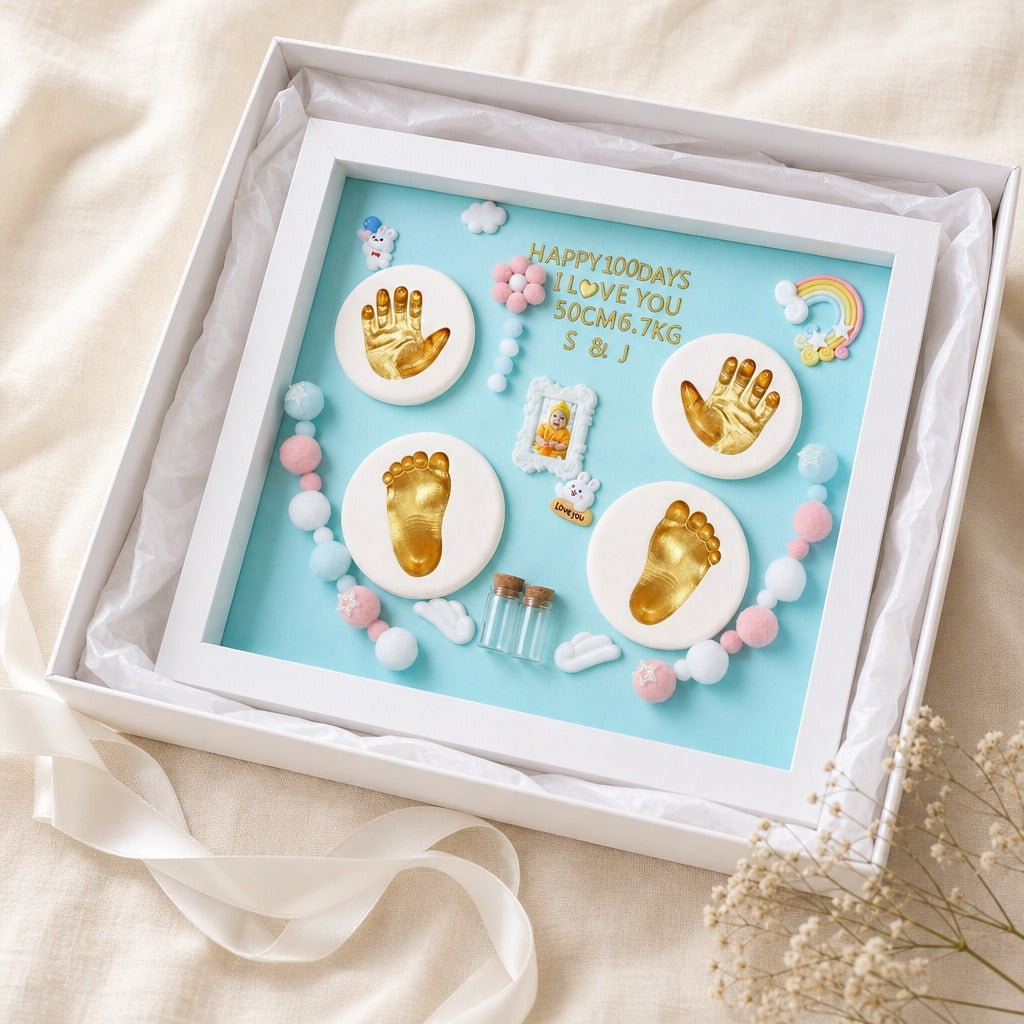 Kiddospot blue baby hand and footprint frame hero — complete inkless keepsake kit