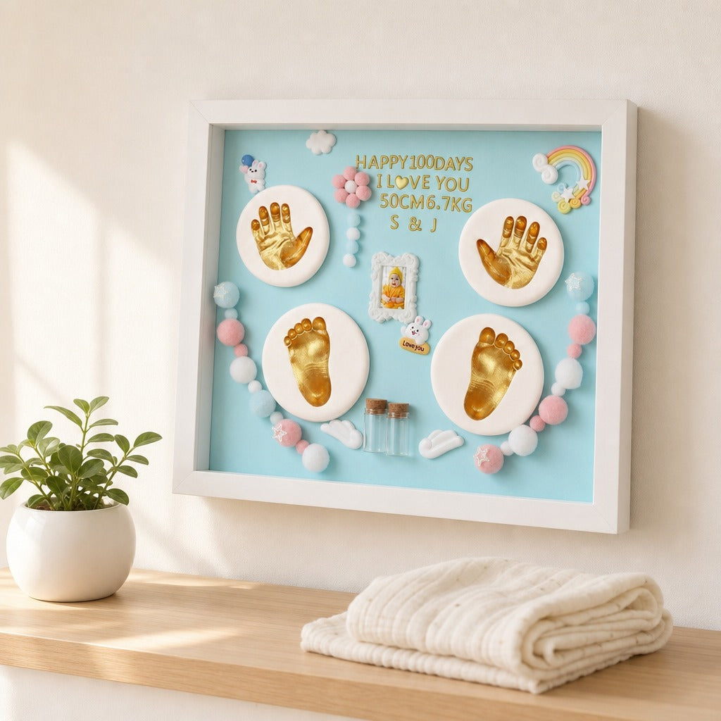 Kiddospot blue baby hand and footprint frame hero — complete inkless keepsake kit