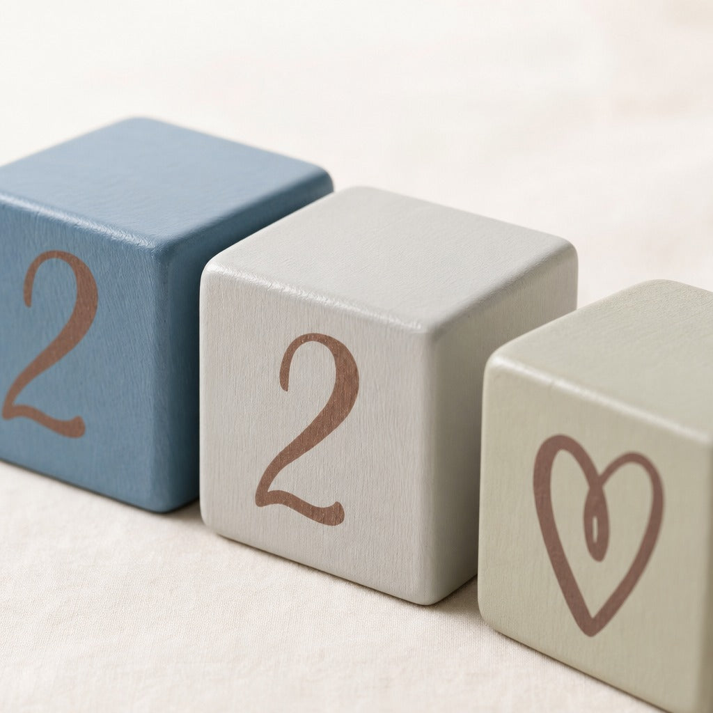 Kiddospot's three square wooden table number blocks in dusty blue, light gray, and pale sage green, arranged diagonally. The first block features the number '2' in a brown script, the middle block also features the number '2' in brown, and the third block has a brown heart outline.