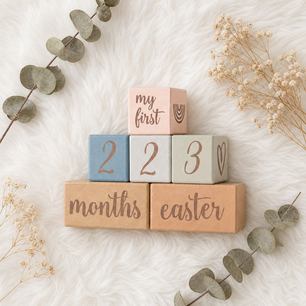 Kiddospot's four pastel wooden baby milestone blocks stacked in a pyramid on a white faux fur surface, surrounded by dried flowers and eucalyptus stems. The top block reads 'my first' and the bottom two blocks read 'months' and 'easter'; the middle blocks show the numbers 2, 2, and 3.