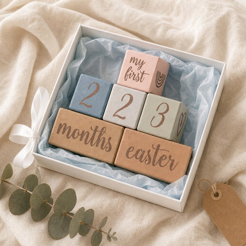 A gift box containing Kiddospot's pastel wooden blocks with engraved text and numbers, including 'my first', '2', '3', 'months', and 'easter', arranged on light blue tissue paper. The box sits on a beige fabric surface with a white ribbon and eucalyptus sprig nearby.