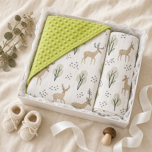 A baby gift set in a white box containing a Kiddospot lime green minky dot blanket and a pair of deer-patterned muslin blankets, styled on a beige fabric background with baby booties, a mushroom, and eucalyptus.