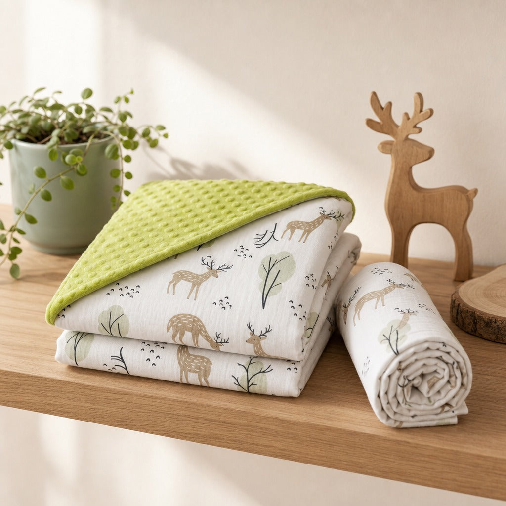 A folded and rolled Kiddospot baby blanket or swaddle with a deer and tree print, shown on a wooden shelf next to a potted plant and a wooden deer figurine.