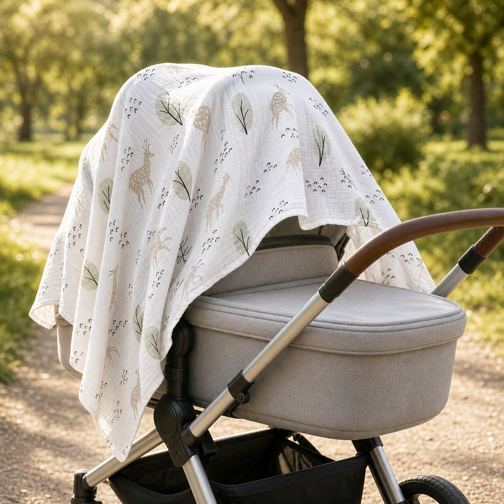 A Kiddospot white muslin baby blanket with a printed pattern of beige giraffes, green leaves, and small birds draped over a light gray stroller on a sunlit park path.
