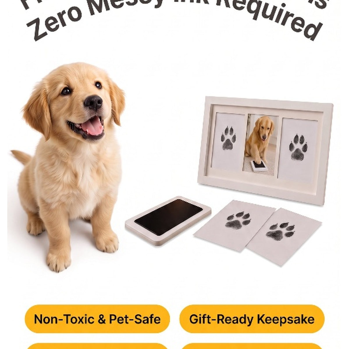 Golden retriever puppy with inkless paw print pad, impression cards and premium wooden frame included