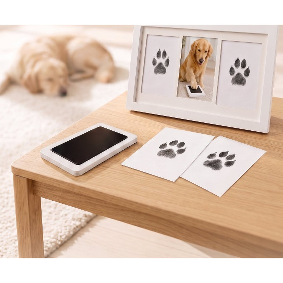 Inkless pet paw print pad and dog paw print cards on oak table with premium wooden frame included in kit