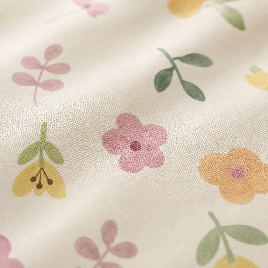 Close-up of a cream-colored Kiddospot's fitted sheet with a delicate watercolor-style floral print featuring pink, yellow, and green flowers and leaves.