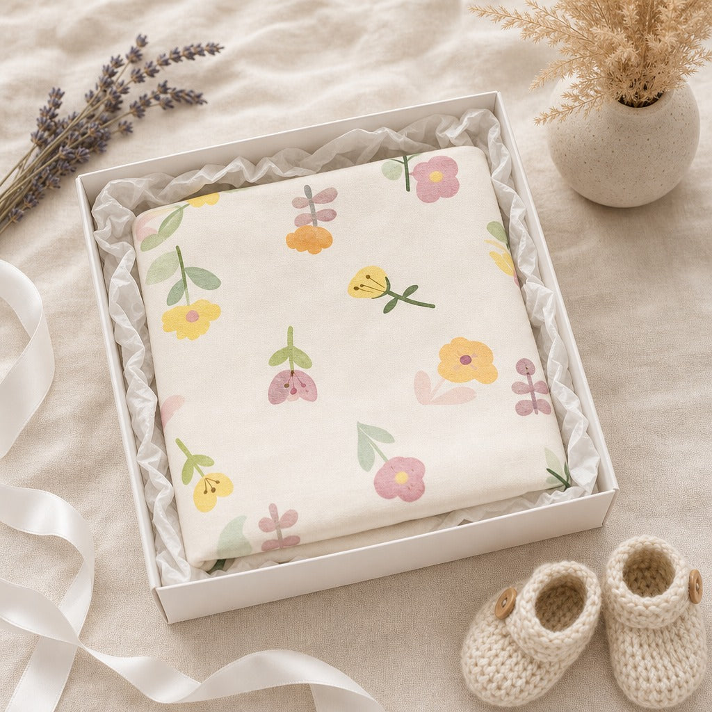 A folded Kiddospot's baby fitted sheet with a pastel floral print sits in an open white gift box lined with white ruffled tissue paper. The scene is styled on a beige fabric surface with dried lavender sprigs, a small vase of dried grass, and a pair of cream knit baby booties nearby.