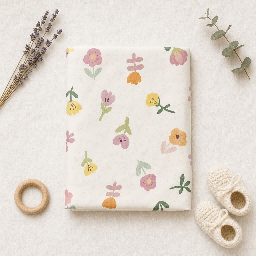 A folded Kiddospot's baby cot fitted sheet with a pastel floral print is styled in a flat lay on a textured white fabric background, surrounded by baby props including a wooden ring, knit booties, dried lavender, and eucalyptus.