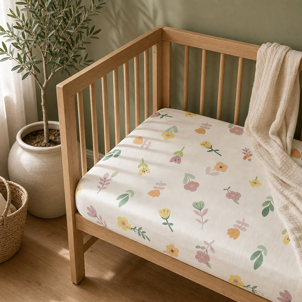 A Kiddospot fitted sheet with a pastel floral and botanical print is shown on a wooden baby crib, styled with a cream-colored textured blanket and surrounded by a potted olive tree and a woven basket in a softly lit nursery.