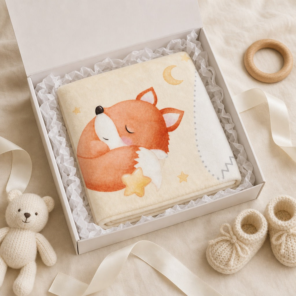 A folded baby blanket with a watercolor sleeping fox design in orange, cream, and white, presented in an open white gift box with ruffled tissue paper. The box is styled with a small teddy bear, wooden ring, and cream knit booties on a soft beige fabric background.