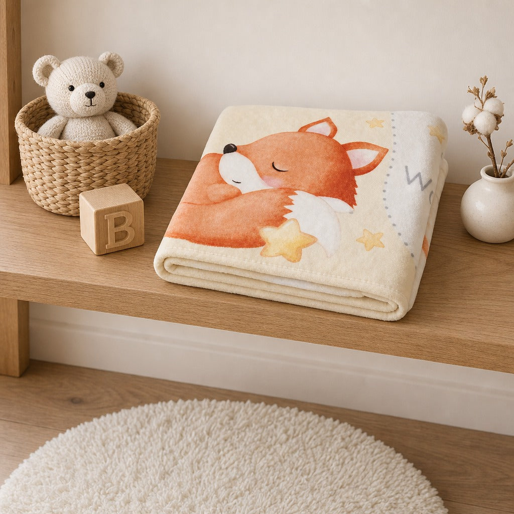 A folded cream-colored blanket with a cartoon sleeping fox design in orange, white, and yellow, styled on a wooden shelf next to a woven basket with a teddy bear, a wooden block, and a small vase.